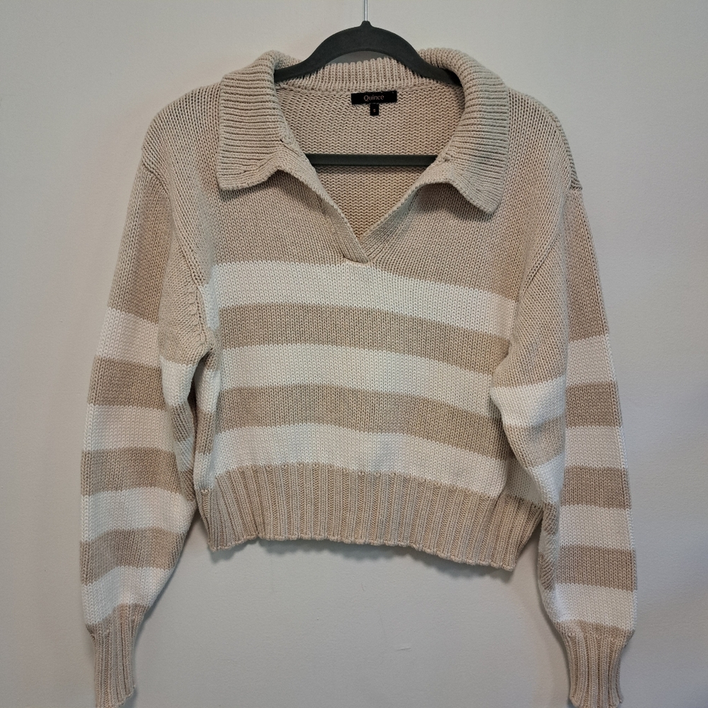 Quince 100% Organic Cotton Cropped Polo Sweater Beige Striped Fishman Sz S - Picture 2 of 10